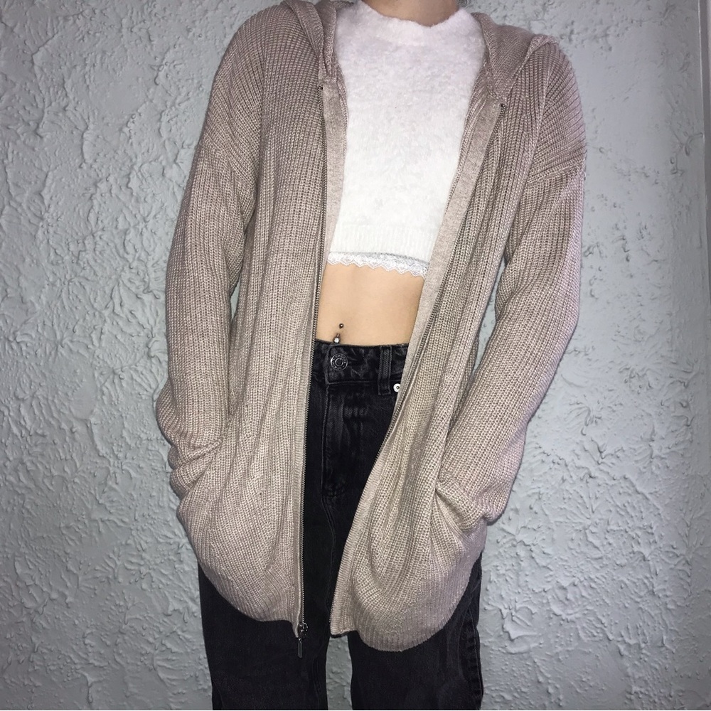 MAX STUDIO Cream/White Knit Zip Up Hoodie Cardigan Sweater